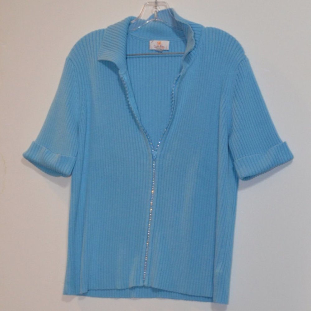 Quacker Factory Knit Blue Jacket Short Sleeves Zip-Up with Strases Women L